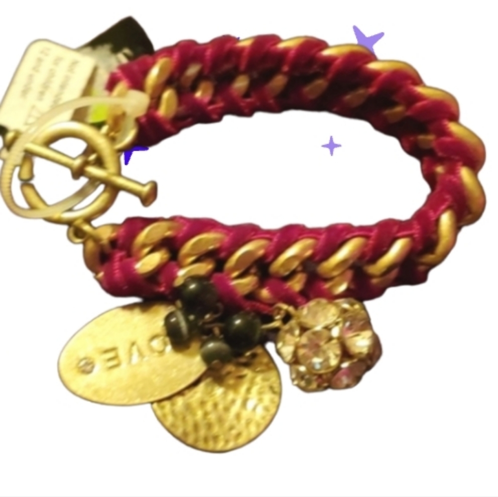 Pretty velvet woven chain charm bracelet toggle hook bronze